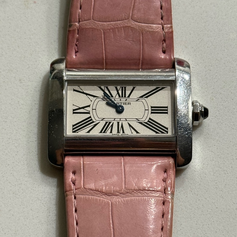 Cartier Silver Case Watch with Pink Strap